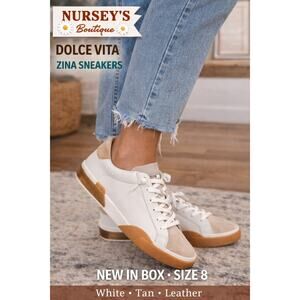 Dolce Vita Zina Sneakers White Tan Leather Suede Casual Fashion Sneaker Size 8